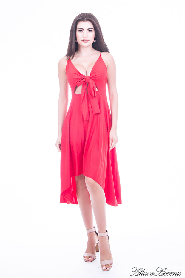Woman is wearing a red hi-low dress, sexy summer sleeveless casual dress with front adjustable tie bow