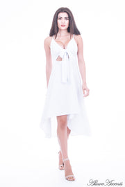 Woman is wearing a white hi-low dress, sexy summer sleeveless casual dress with front adjustable tie bow