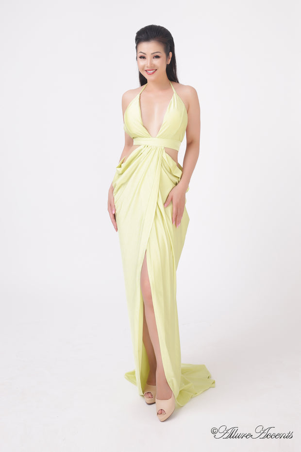 A woman wearing a sexy yellow party long maxi dress