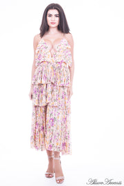 Women is wearing beige multi color floral dress, one-size fits all 3 layers pleated chiffon midi sundress with sexy low-cut back 