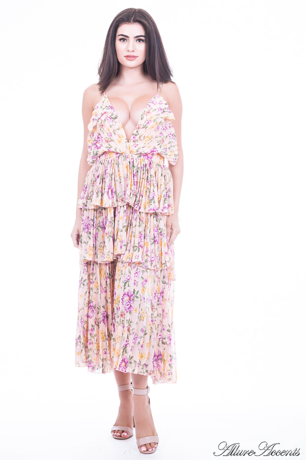 Women is wearing beige multi color floral dress, one-size fits all 3 layers pleated chiffon midi sundress with sexy low-cut back 