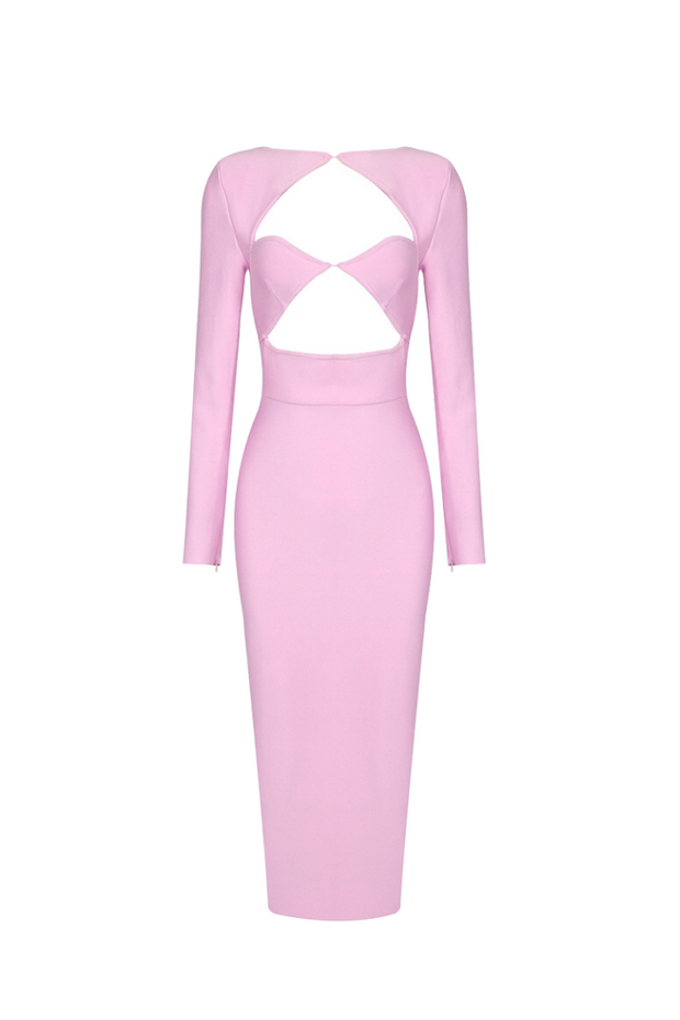 pink long sleeve bandage dress Alyssa Bandage Long Sleeve Cut Out Rhinestone Gown Dress