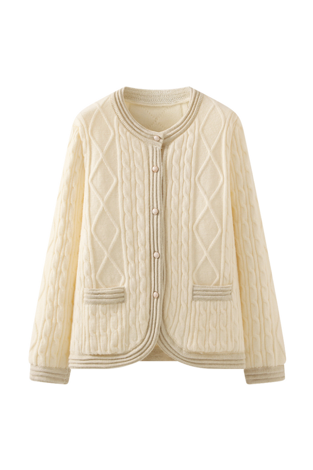 High quality one-size fits all women beige fleece sweater with pockets, trendy casual outerwear for all season and occasions