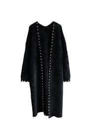 Women one-size black long soft fleece sweater with pearl details, trendy casual for everyday wear and all occasions 